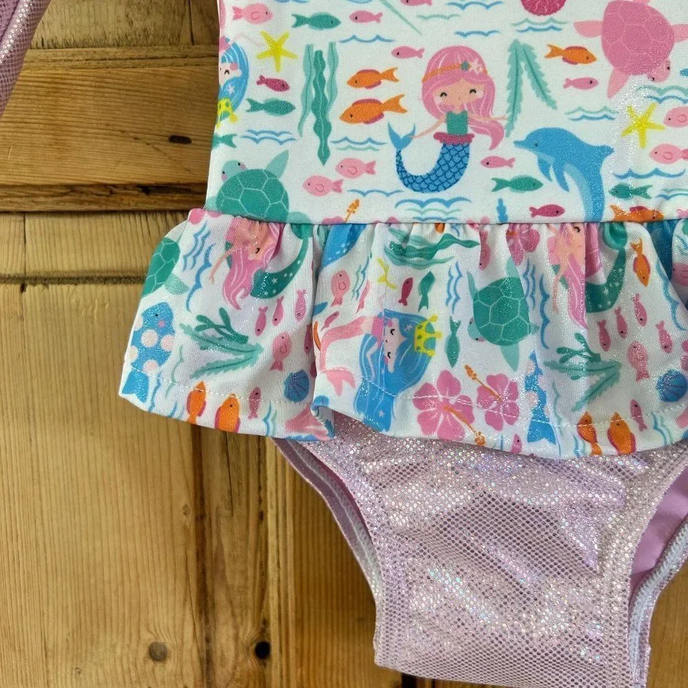 NWT FlapHappy 18M‎ UPF 50+ Rashguard Swimsuit Mermaid Fish Glitter Pink Baby